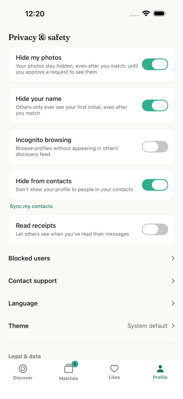 Privacy settings with Hide your name switched on